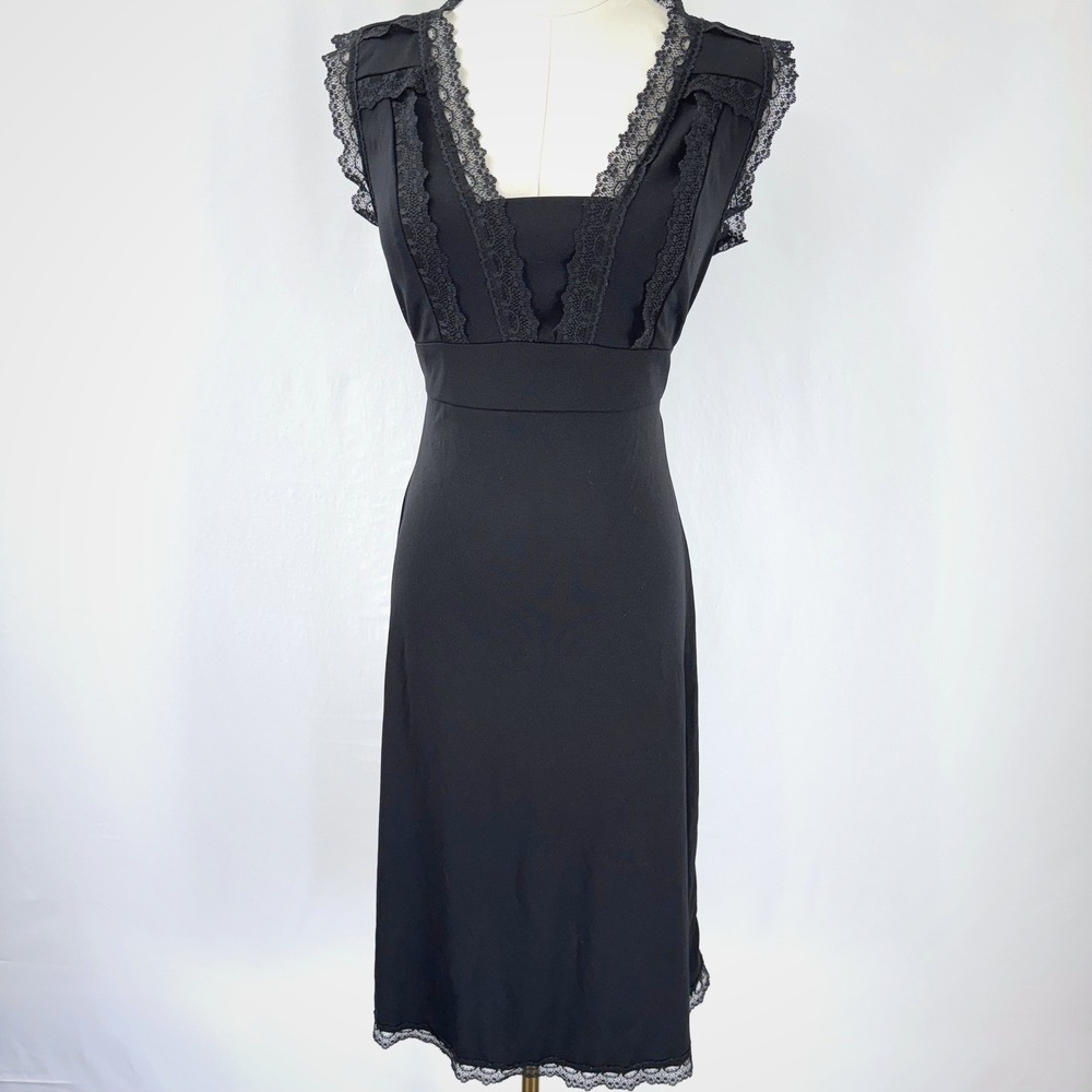 Vintage La Belle Black Lace Trim Empire Waist Midi Dress Made in USA Y2K Goth